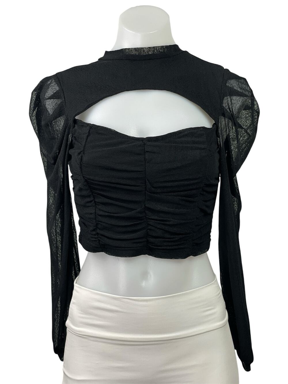 It's Pink Women's Black Ruched Cutout Lace Long Sleeve Crop Blouse Top Size M